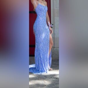 Elegant Light Blue Sequin Fringe Evening Gown